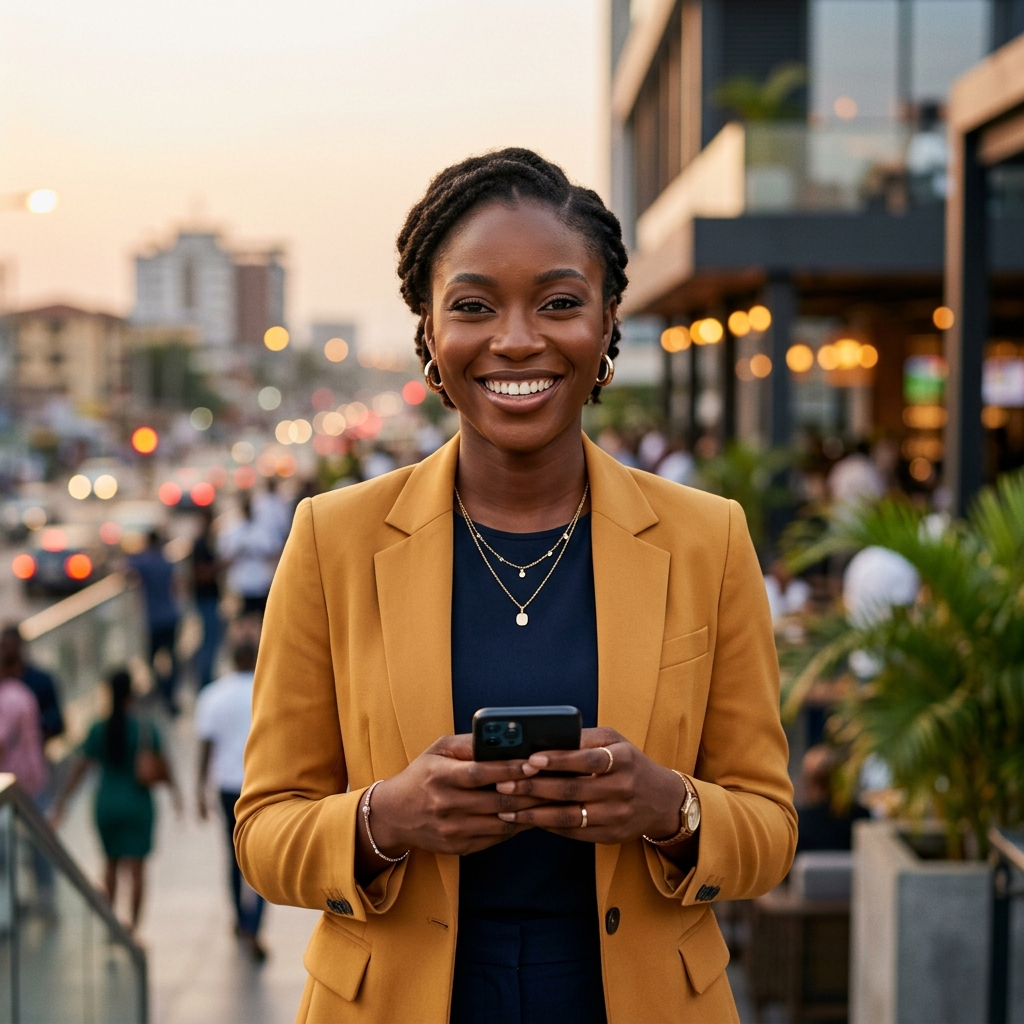 A Nigerian vendor checking orders on her phone
